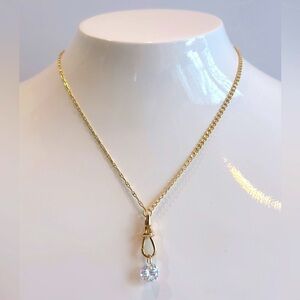 Anthropologie Gold Chain Necklace with CZ Round Charm Pendant‎
